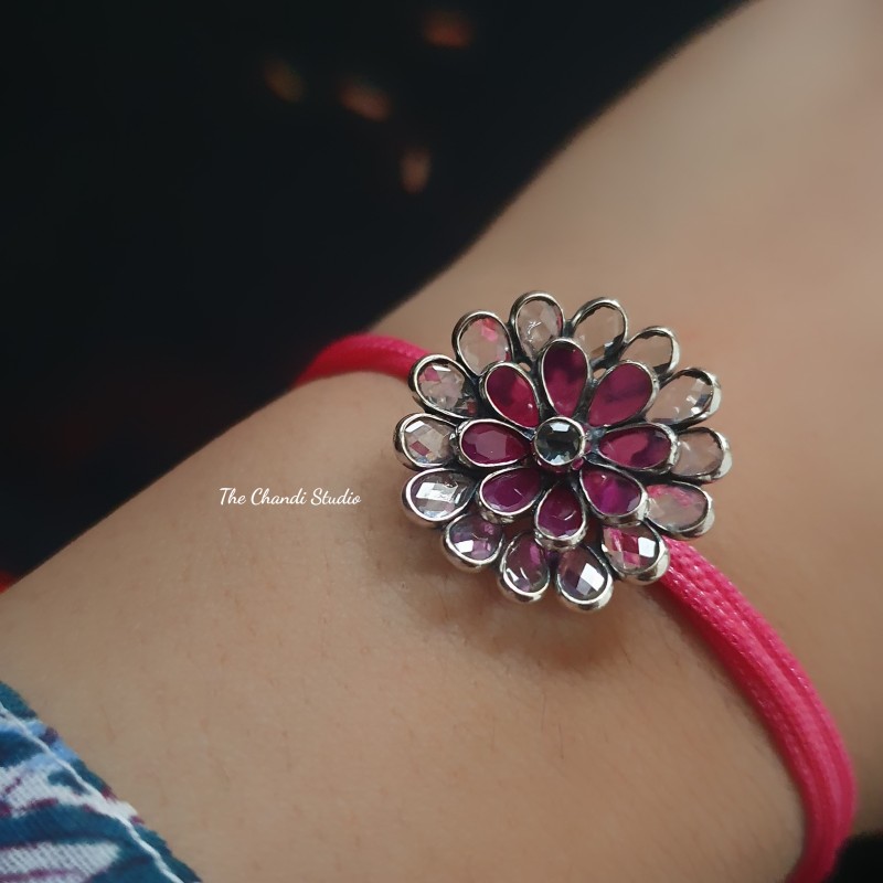 Sterling Silver Glass Stone Rakhi (Pink)