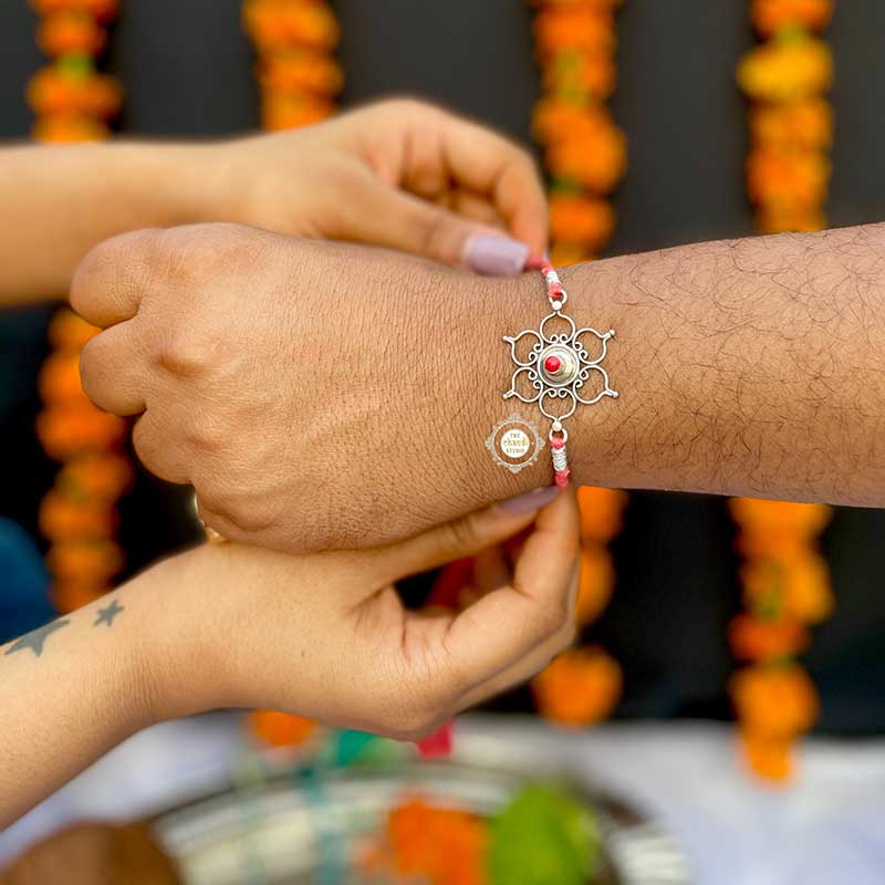 Sterling Silver 'Floral Paradise' Rakhi (Coral)