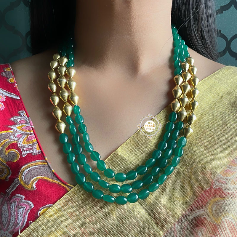 Trio Strand Dholki Bead Gold Necklace (Green)